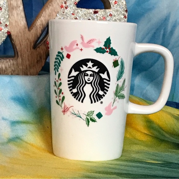 Starbucks Holiday Motif Mermaid Pink Doves Holly Tall Coffee Mug Cup 12 oz - Picture 3 of 12